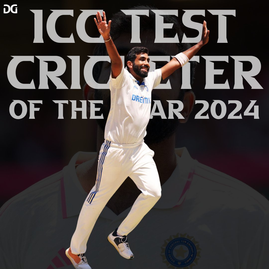 DG3_terminal's tweet photo. Presenting you the ICC TEST CRICKETER OF THE YEAR FOR 2024 - JASPRIT BUMRAH👑🔥

#Cricket #CricketTwitter #iccawards #TestCricketer #JaspritBumrah #indiancricketteam https://t.co/SAdktrU8gd