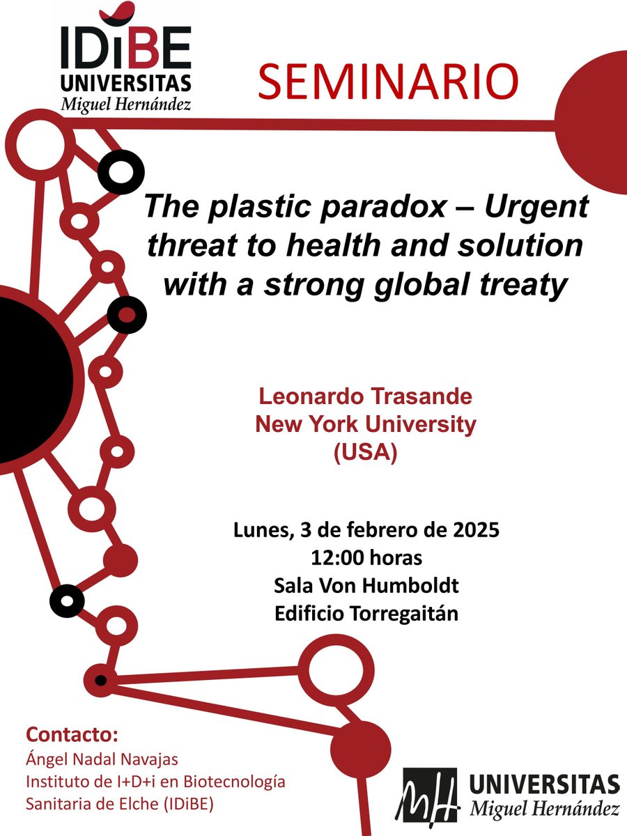 mbiotingUMH's tweet image. El próximo lunes 3, a partir de las 12:00, tendrá lugar el seminario &quot;The plastic paradox - Urgent threat to health and solution with a strong global treaty&quot;.Será impartido por Leonardo Trasande @leotrasande de la @nyuniversity Más información: tinyurl.com/mrxnhmzm @IDiBE_UMH