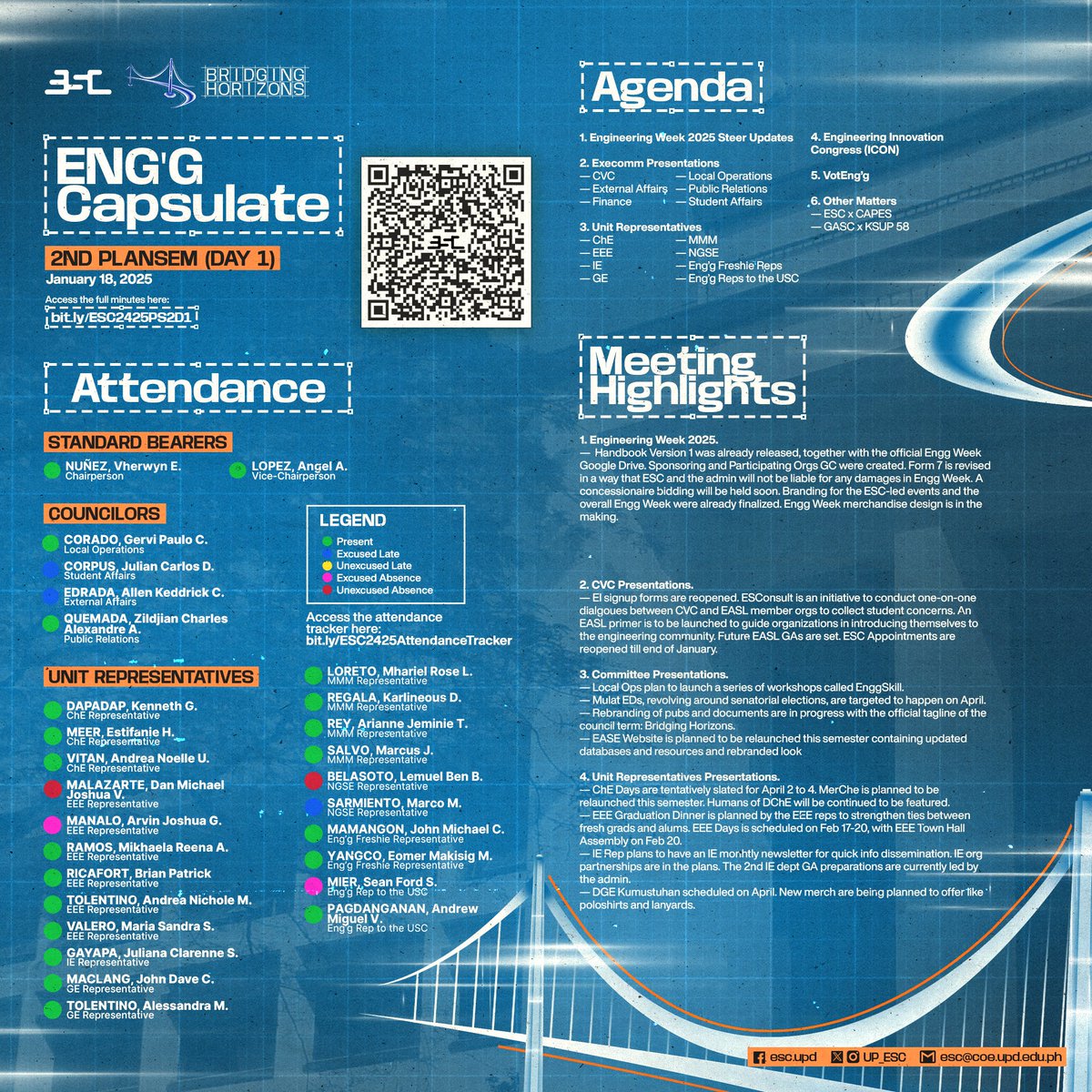 [ESC 2425 | 2ND PLANSEM DAY 1]

On January 18, 2025 (Saturday), the Engineering Student Council (ESC) held their 1st Day of the 2nd PlanSem, with 24 out of 28 members present.

For the full minutes, visit:
bit.ly/ESC2425PS2D1

#EnggCap 
#ESC2425