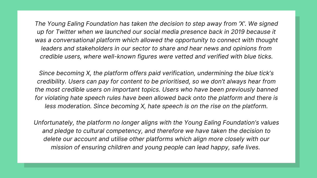 We are leaving X.

Please see our statement below and connect with us on our other channels:

LinkedIn:
linkedin.com/company/young-…
Instagram:
instagram.com/young_ealing/
Facebook: facebook.com/youngealingfou…
Newsletter:
tinyurl.com/yewuyx4s