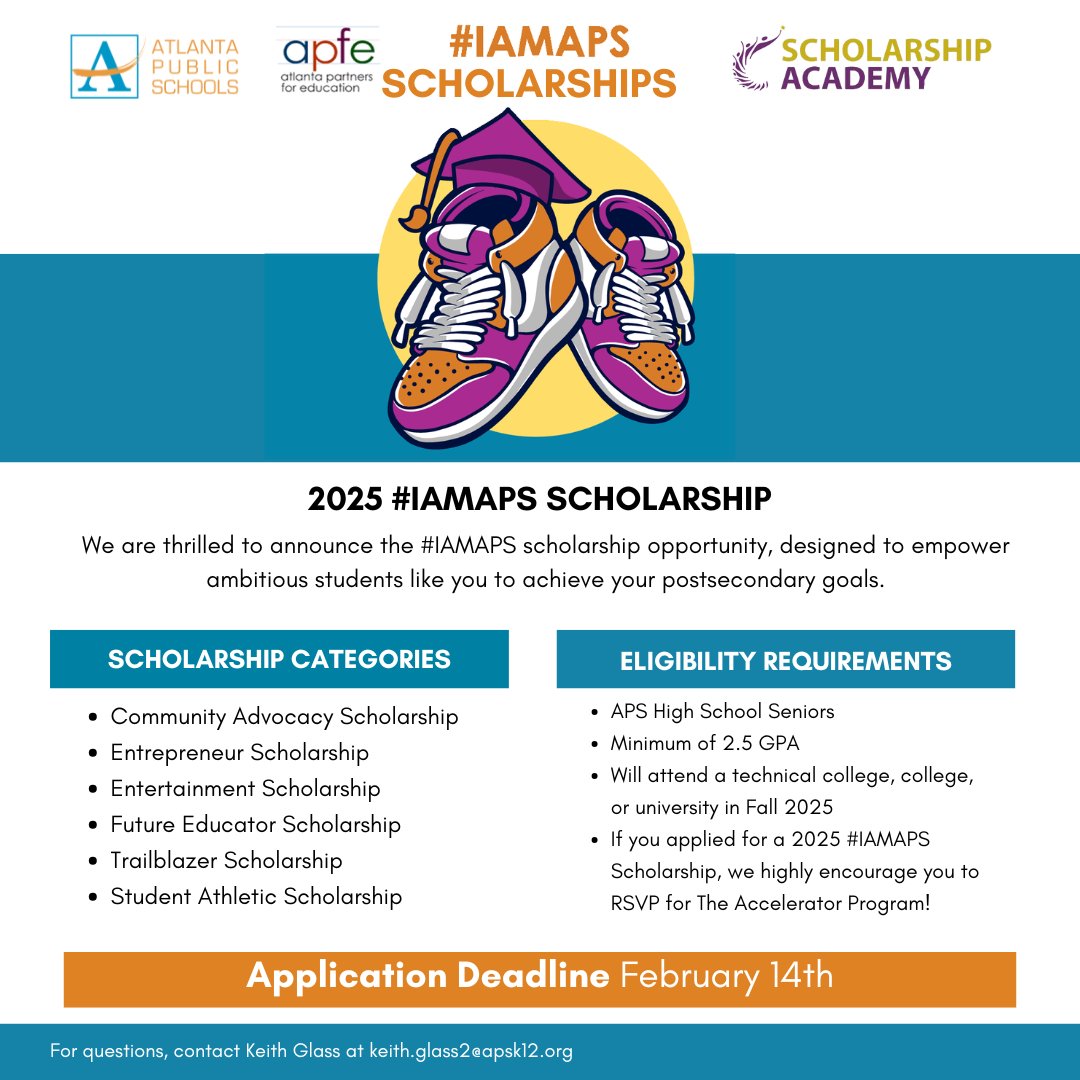 apsupdate's tweet photo. 🎓💰 Attention APS Seniors! The #IAMAPS Scholarship is here! 💵 Up to 20 students will be awarded a $5,000 scholarship in areas like community advocacy, entrepreneurship, education, and more! 🗓️ Deadline: February 14, 2025 📢 Don’t miss out! Register for The Accelerator Program on January 29, 2025, from 6 PM - 7:30 PM at the APS Student & Family Support Hub to strengthen your scholarship journey. 🎯 Apply now and secure your future! 🚀#IAMAPS #ExcellenceEverywhere #AtlantaPublicSchools
https://t.co/zzdP5shU1F