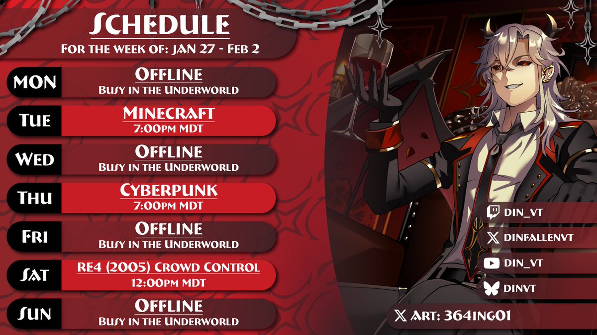 Schedule for the week is out!

Finally gonna get Crowd Control set up for Resident Evil 4 this week.. I promise.