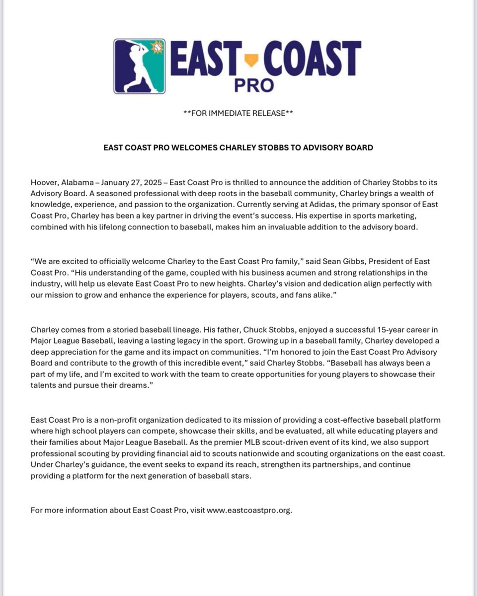 EastCoastPro1's tweet image. We are excited to announce the addition of @CKStobbs2 to the ECP Advisory Board! See our official press release below. #ECP @adidasDugout @hoovermetplex