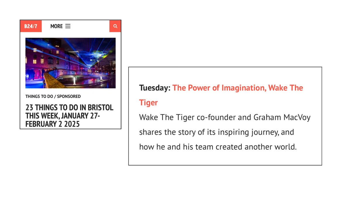 Bristol Creative Industries (@bristol_ci) on Twitter photo Big thanks to <a href="/bristol247/">Bristol24/7</a> for featuring our event on Tuesday as one of the top things to do in #Bristol this week 🙌
A few tickets left to hear co-founder Graham MacVoy’s inspiring story of creating the Wake The Tiger immersive world of adventure: buff.ly/4hrFKlY Big thanks to <a href="/bristol247/">Bristol24/7</a> for featuring our event on Tuesday as one of the top things to do in #Bristol this week 🙌
A few tickets left to hear co-founder Graham MacVoy’s inspiring story of creating the Wake The Tiger immersive world of adventure: buff.ly/4hrFKlY