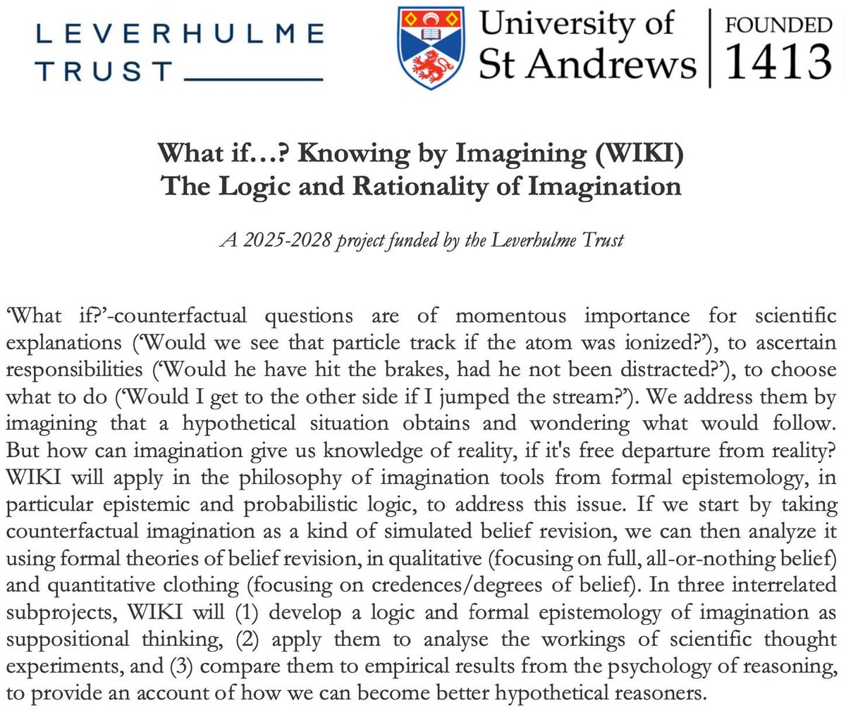 Francesco Berto (@franz_berto) on Twitter photo Spread the word! Another postdoc job in St Andrews-Arché, in the <a href="/LeverhulmeTrust/">The Leverhulme Trust</a>-funded WIKI project! Apply from here:
vacancies.st-andrews.ac.uk/Vacancies/W/59…
Looking for a specialist of logic and/or the psychology of reasoning, ideally with expertise in hypothetical thought. Spread the word! Another postdoc job in St Andrews-Arché, in the <a href="/LeverhulmeTrust/">The Leverhulme Trust</a>-funded WIKI project! Apply from here:
vacancies.st-andrews.ac.uk/Vacancies/W/59…
Looking for a specialist of logic and/or the psychology of reasoning, ideally with expertise in hypothetical thought.