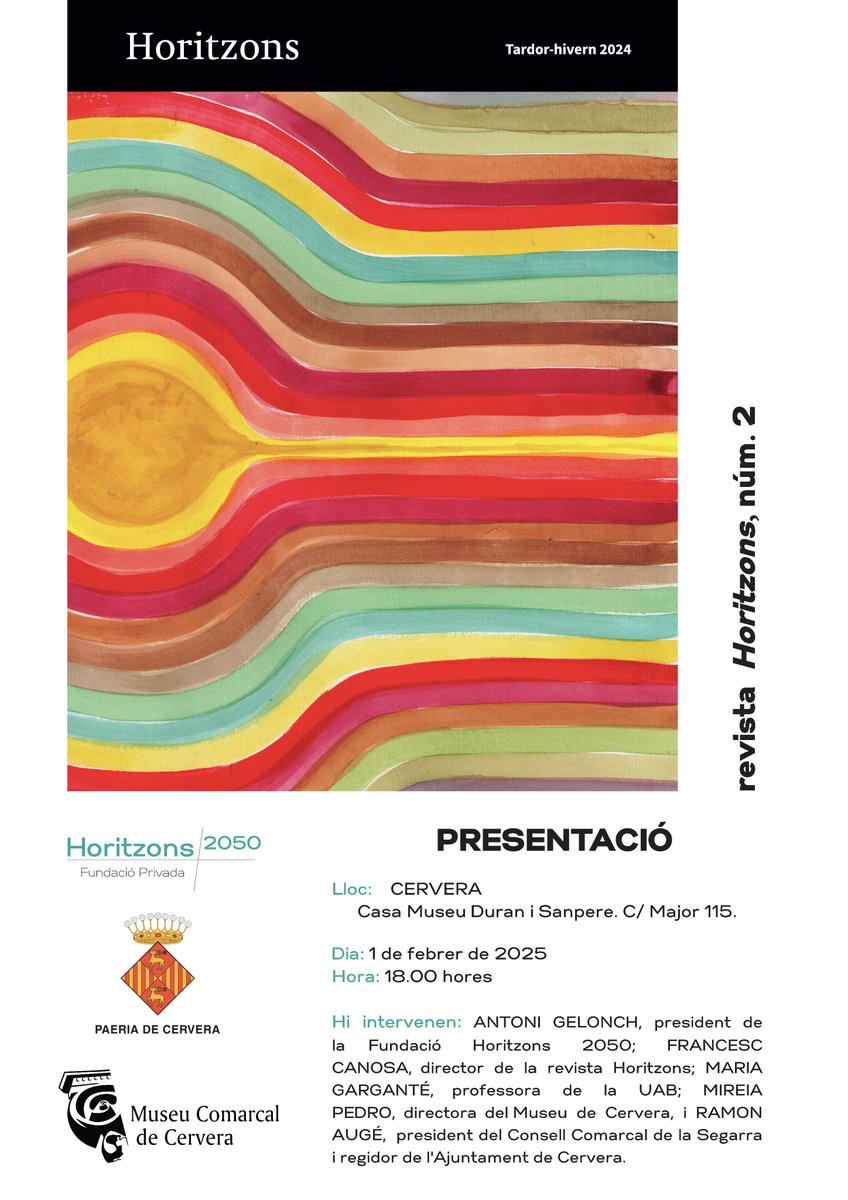 Antoni Gelonch (@antoni_gelonch) on Twitter photo DISSABTE 1r D FEBRER, L'HORITZONSTOUR A CERVERA!
A les 6 d la tarda a la Casa Museu Duran i Sanpere (Major,115) presentació HORITZONS
Hi serem Antoni_Gelonch,<a href="/francesccanosa/">Francesc Canosa Farran</a>,<a href="/mgargante/">Maria Garganté</a>,Mireia Pedro i <a href="/ramonaugegene/">Ramon Augé Gené</a>
<a href="/Horitzons2050/">Fundació Privada Horitzons 2050</a> <a href="/paeriacervera/">Paeria de Cervera</a> <a href="/ccsegarra/">Consell Comarcal de la Segarra</a> <a href="/museudecervera/">Museu de Cervera</a>
VENIU! DISSABTE 1r D FEBRER, L'HORITZONSTOUR A CERVERA!
A les 6 d la tarda a la Casa Museu Duran i Sanpere (Major,115) presentació HORITZONS
Hi serem Antoni_Gelonch,<a href="/francesccanosa/">Francesc Canosa Farran</a>,<a href="/mgargante/">Maria Garganté</a>,Mireia Pedro i <a href="/ramonaugegene/">Ramon Augé Gené</a>
<a href="/Horitzons2050/">Fundació Privada Horitzons 2050</a> <a href="/paeriacervera/">Paeria de Cervera</a> <a href="/ccsegarra/">Consell Comarcal de la Segarra</a> <a href="/museudecervera/">Museu de Cervera</a>
VENIU!
