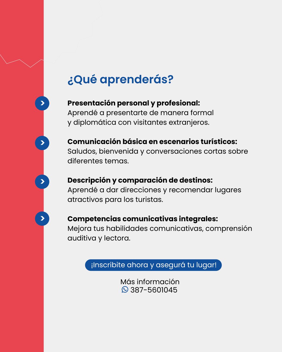 isicana's tweet photo. ¡Mejorá tu inglés y abrí las puertas al mundo! 
Taller Intensivo: "Inglés para el Turismo" 

Modalidad: Presencial u online Frecuencia: 5 encuentros semanales de 1 hora Duración: 6 semanas 

¡Inscríbite ahora y asegurará tu lugar! Más información: WhatsApp 📲 +54 387-5601045 https://t.co/1meD0frEdK