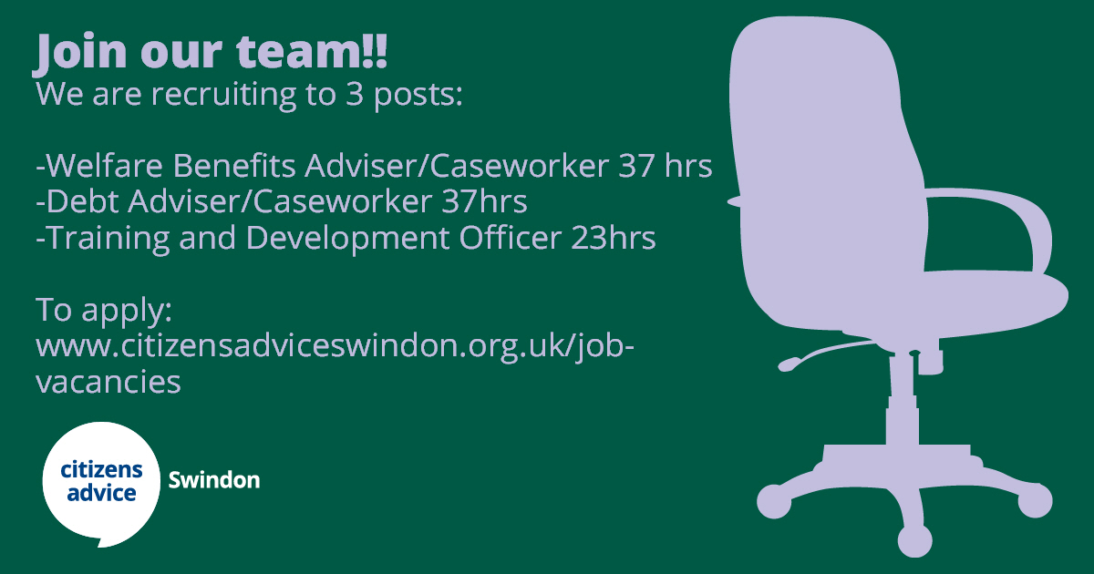We have 3 exciting posts currently being advertised, check out our website for more details
citizensadviceswindon.org.uk/job-vacancies/