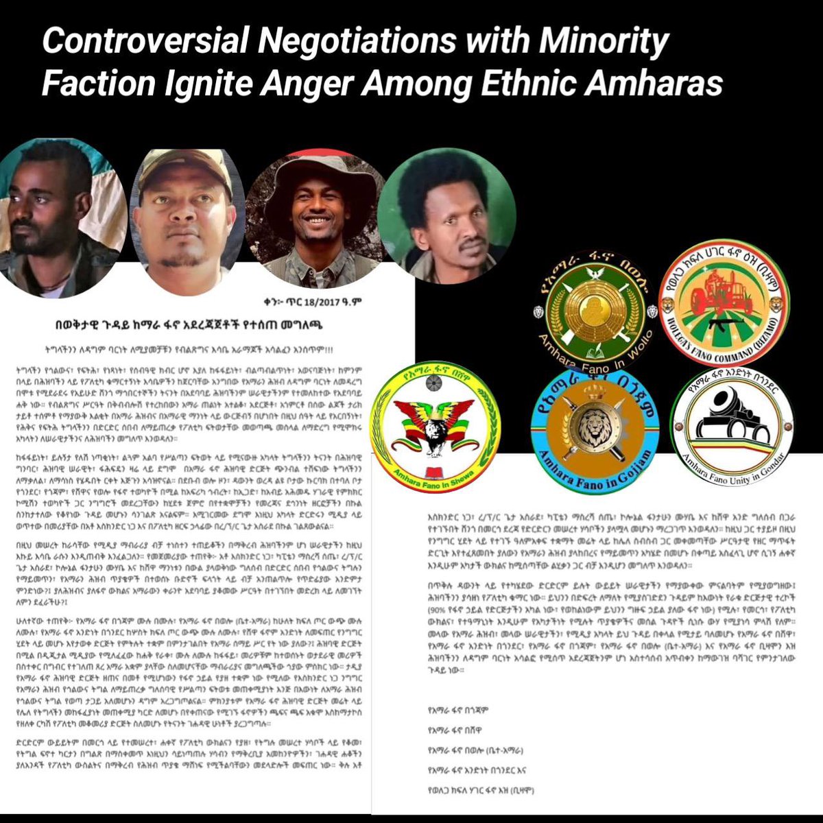 Controversial Negotiations with Minority Faction Ignite Anger Among Ethnic Amharas  

The recent initiation of talks between a minority faction of the Amhara Fano forces and representatives of the European Union (EU), African Union (AU), United States (USA), and the