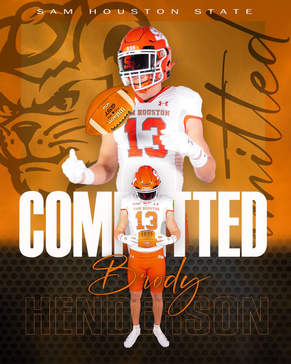 Brody Henderson (@brodyhenderson_) on Twitter photo I am excited to say that I will be continuing my athletic and academic career at Sam Houston State University.
<a href="/CoachPhilLongo/">Phil Longo</a> <a href="/BearkatsFB/">Sam Houston Football</a> I am excited to say that I will be continuing my athletic and academic career at Sam Houston State University.
<a href="/CoachPhilLongo/">Phil Longo</a> <a href="/BearkatsFB/">Sam Houston Football</a>