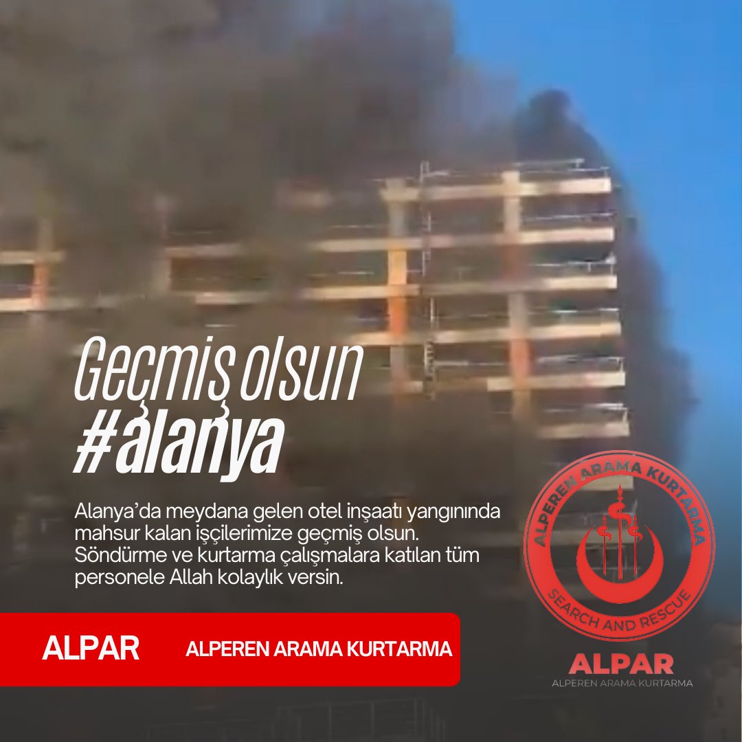 Antalya'nın Alanya ilçesinde otel inşaatında çıkan yangında İçeride mahsur kalan işçilere geçmiş olsun diyor,her hangi bir can kaybı olmamasını ümit ediyoruz.
Alpar olarak ihtiyaç halinde bölgeye intikal etmek üzere hazır halde bekliyoruz.

Geçmiş olsun #alanya