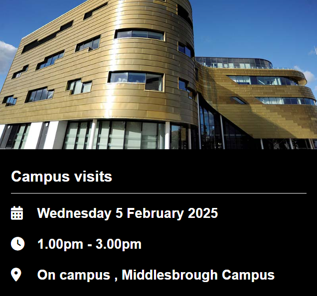 Are you interested in finding out more about what <a href="/teessideuni/">Teesside University</a> campus has to offer? Register for a campus tour on Wed 5 Feb (register by 29 Jan) Take a guided tour &amp; speak to our experts 👉🏼 bit.ly/4hzU8c5