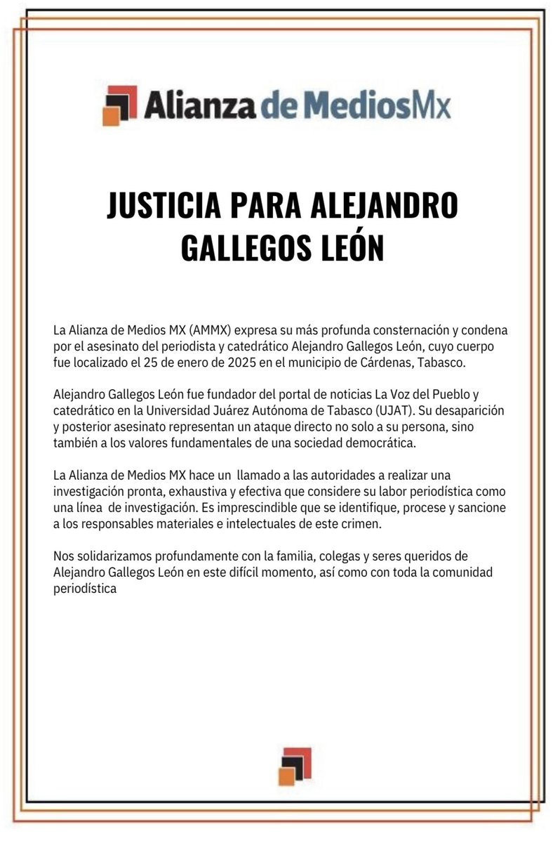 🚨 JUSTICIA para Alejandro Gallegos León, periodista asesinado en Tabasco 

[ <a href="/AlianzaMediosMx/">Alianza de Medios Mx</a>]