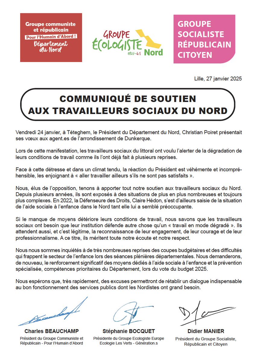 Christian Poiret doit s'excuser !
Le communiqué de soutien des groupes de gauche aux travailleurs sociaux du département du Nord ⤵️