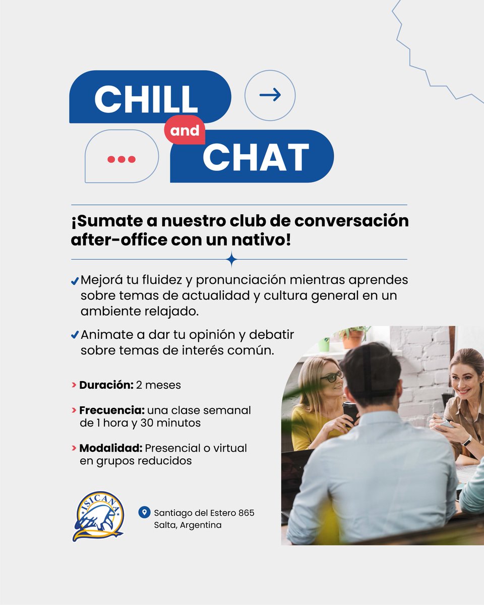 isicana's tweet photo. Chill and chat 💭
¡Sumate a nuestro club de conversación after-office con un nativo!
Detalles del curso:
Duración: 2 meses
Frecuencia: Una clase semanal (1 hora y 30 minutos)
Modalidad: Presencial o virtual, en grupos reducidos
¡Escribinos al 📲+54 387 5601045 y asegurá tu lugar! https://t.co/xq3C5fyV6c