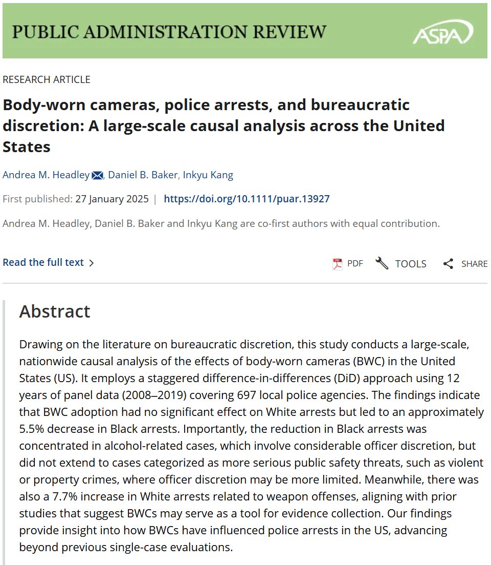 Inkyu Kang (@inkyukang1) on Twitter photo New publication with
<a href="/AM_Headley/">Andrea M. Headley, PhD</a> and Daniel Baker
Our causal analysis provides nuanced insights into how body-worn cameras affect police arrests in the US, advancing beyond previous studies that were predominantly based on single cases doi.org/10.1111/puar.1⦠New publication with
<a href="/AM_Headley/">Andrea M. Headley, PhD</a> and Daniel Baker
Our causal analysis provides nuanced insights into how body-worn cameras affect police arrests in the US, advancing beyond previous studies that were predominantly based on single cases doi.org/10.1111/puar.1ā¦
