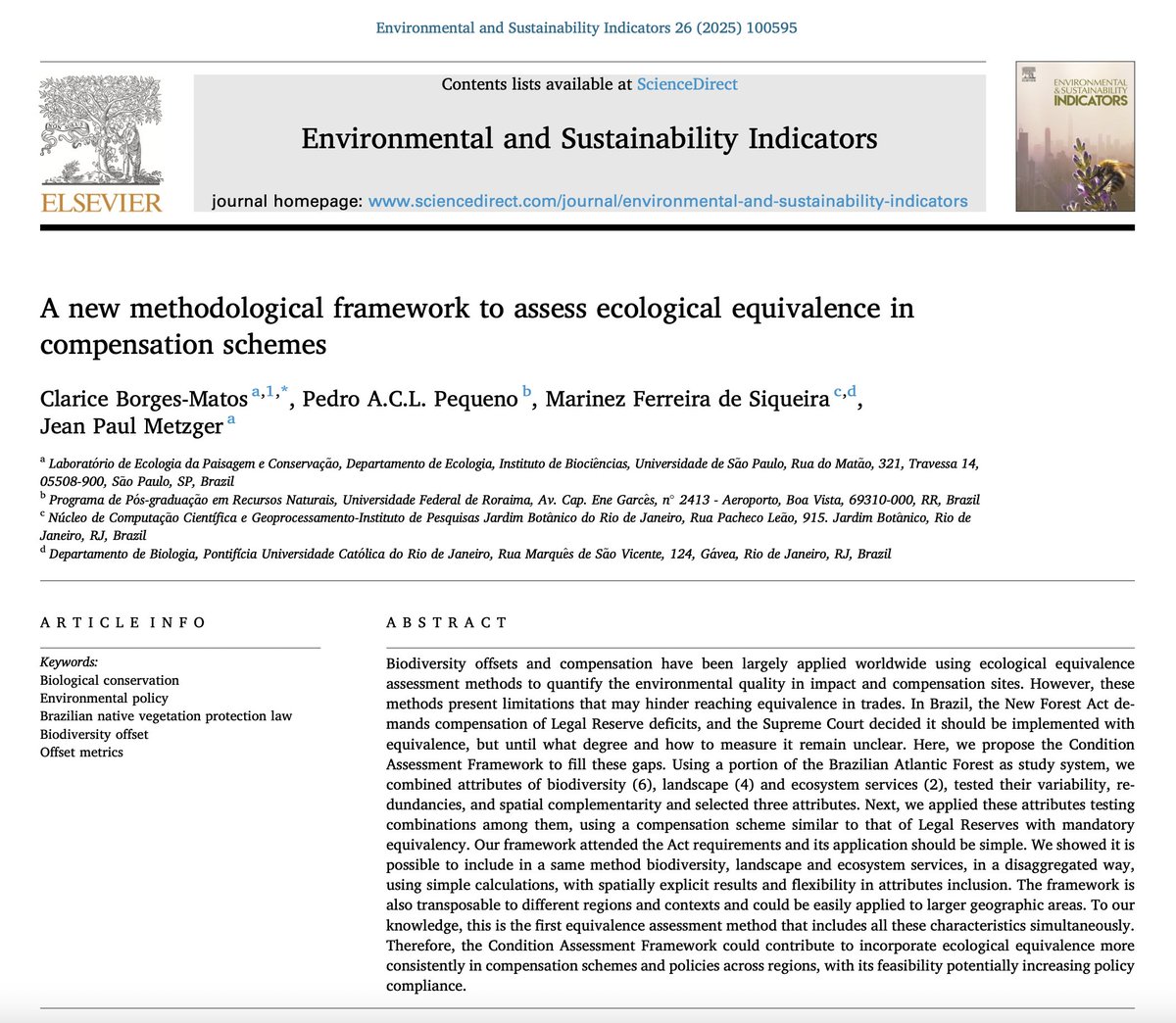 How can we measure ecological equivalence in the context of environmental compensation schemes? In our new article we present a robust metric integrating biodiversity, landscape context, and ecosystem services. A key contribution from <a href="/ClariceBMatos1/">Clarice B. Matos</a>' PhD. sciencedirect.com/science/articl…