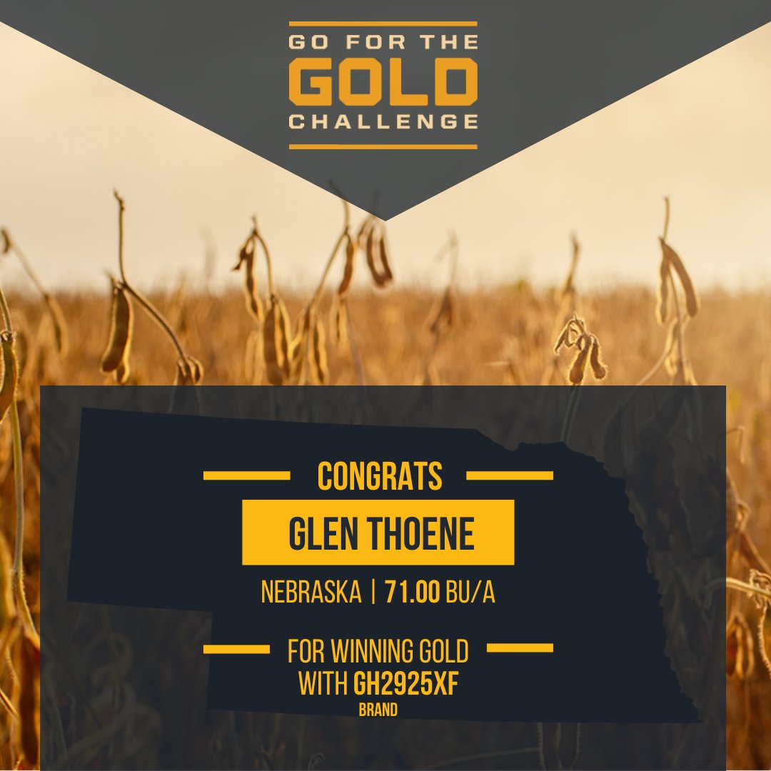 Glen Thoene won big 🏆 and took home first place in the 2024 Go for the Gold yield challenge in Nebraska with GH2925XF yielding 71.00 Bu/A. Congratulations Glen! 
#GFTG24
