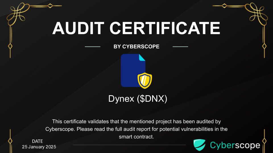 Dynex Successfully Completes Cyberscope Audits!

We are proud to announce that Dynex has successfully passed comprehensive audits conducted by Cyberscope, validating the strength and reliability of our core systems and wallet infrastructure, with no critical issues detected.