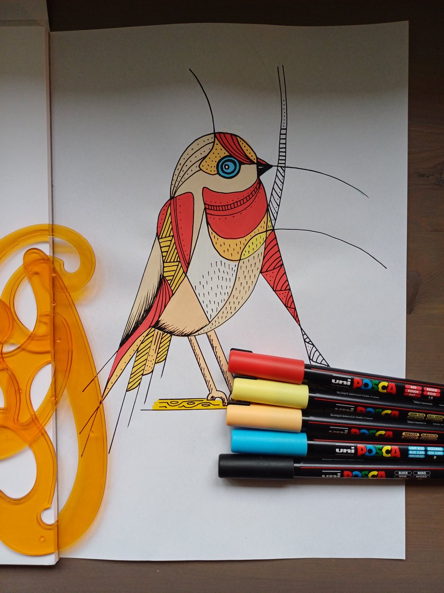 jkartanddesign's tweet photo. Here is a little Robin inspired bird. Drawn using French curves and coloured using @posca_uk 0.7mm. 

#posca #pens #paintpens #drawing #bird #robin #frenchcurves #red #yellow #beige #nature #art #create #jkartanddesign https://t.co/dCxhJsqm8e