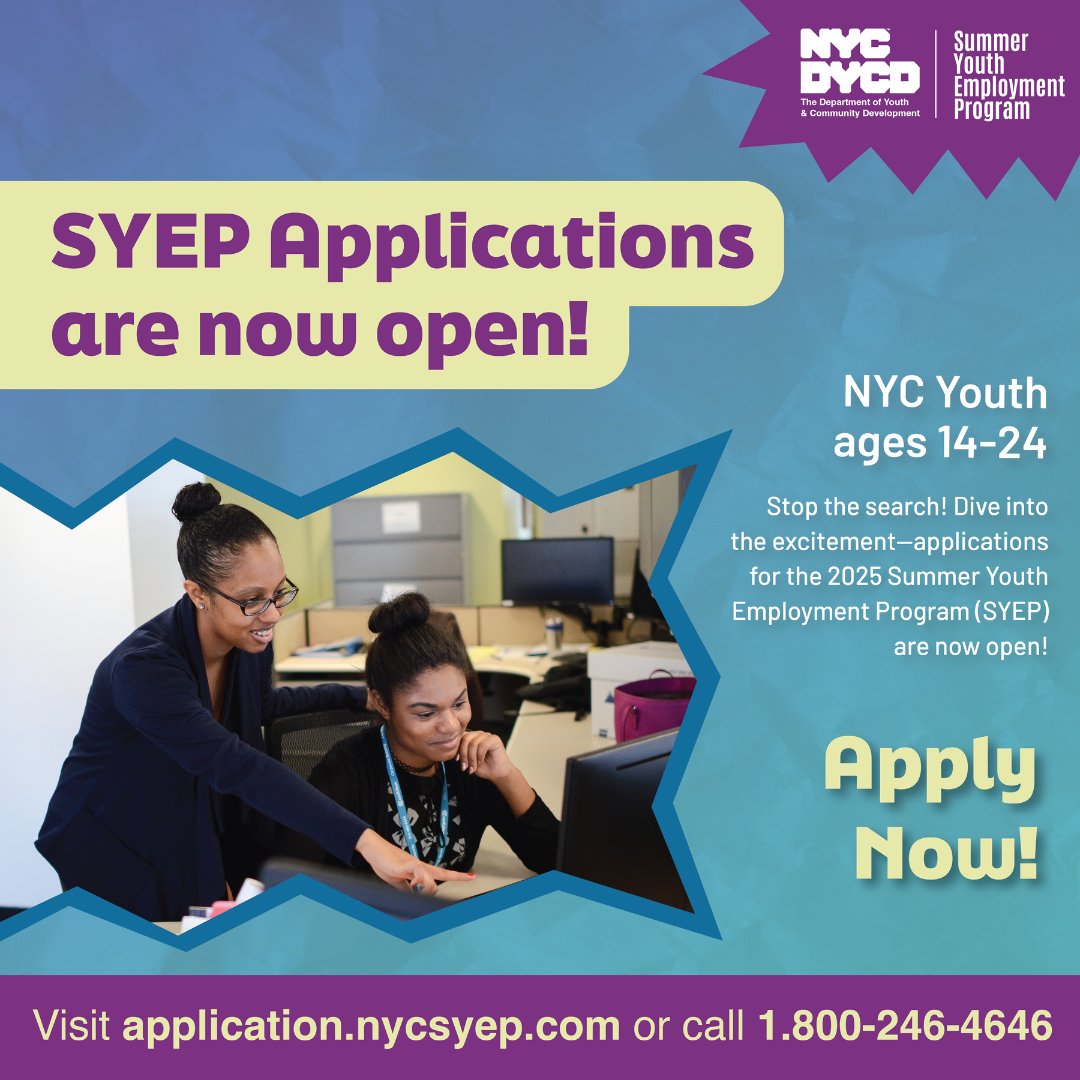 nycgov's tweet photo. The 2025 Summer Youth Employment Program (#SYEP) is around the corner, and you can be a part of it!

Apply now to gain valuable experience: https://t.co/8JtVFBudzf 

#NYCSYEP #NYCYouth #DYCD #SummerEmployed https://t.co/EAjs93uL8Z