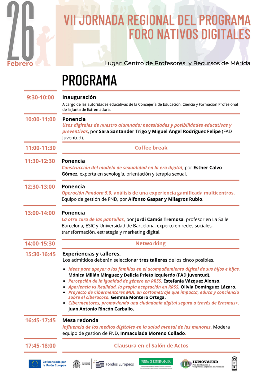 Participa n la VII JORNADA REGIONAL DEL PROGRAMA FORO NATIVOS DIGITALES 2025, el 26 de febrero en el CPR de Mérida. Inscripción: acortar.link/0lbGtHPlazo de inscripción del 27 de enero a 5 de febrero; y la lista provisional de admitidos se hará pública el 11 de febrero.