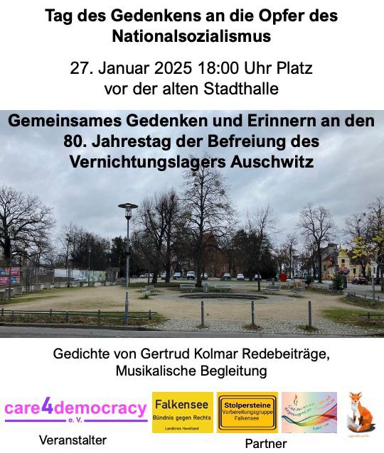 Wir freuen uns, die Gedenkveranstaltung unterstützen zu können.
Es ist wichtiger denn je, die Erinnerung an die menschenfeindlichen Auswüchse der rechtsextremen Nazi-Zeit aufrechtzuerhalten.
#NieWiederIstJetzt #Falkensee #WeRemember #Holocaustgedenktag