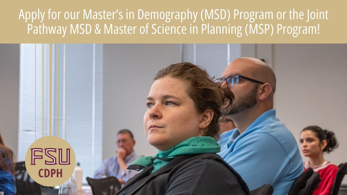 FSU Center for Demography & Population Health (@fsupopcenter) on Twitter photo Apply today for our one-year Master's in Demography (MSD) or our joint pathway Master's in Planning (MSP) with <a href="/durpfsu/">Department of Urban and Regional Planning at FSU</a>!
The priority deadline for applying is March 15. Learn more and apply at the link in our bio! Apply today for our one-year Master's in Demography (MSD) or our joint pathway Master's in Planning (MSP) with <a href="/durpfsu/">Department of Urban and Regional Planning at FSU</a>!
The priority deadline for applying is March 15. Learn more and apply at the link in our bio!