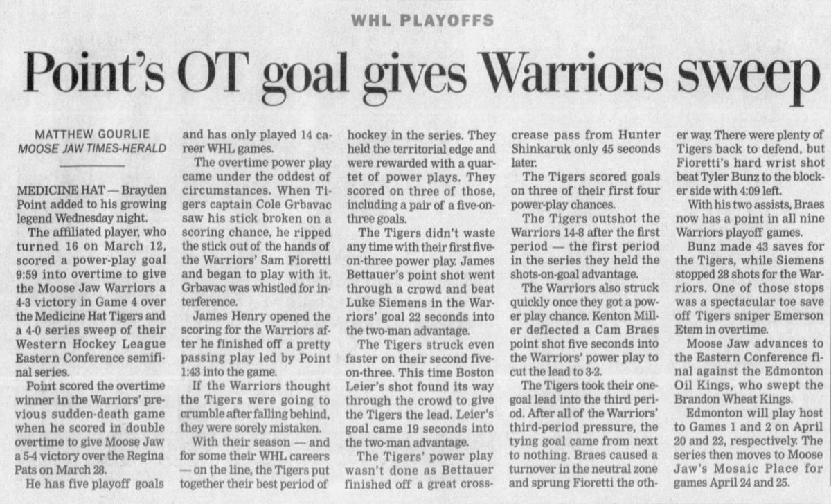 From the April 12, 2012 edition of the Regina Leader-Post

Brayden Point's OT goal sends the Moose Jaw Warriors to the WHL final four with a sweep of the Medicine Hat Tigers

Stay tuned for <a href="/MattGourlie/">Matthew Gourlie</a> <a href="/CarcSmith/">Marc Smith</a> &amp; I discussing this on a future Let's Remember Some Sports podcast