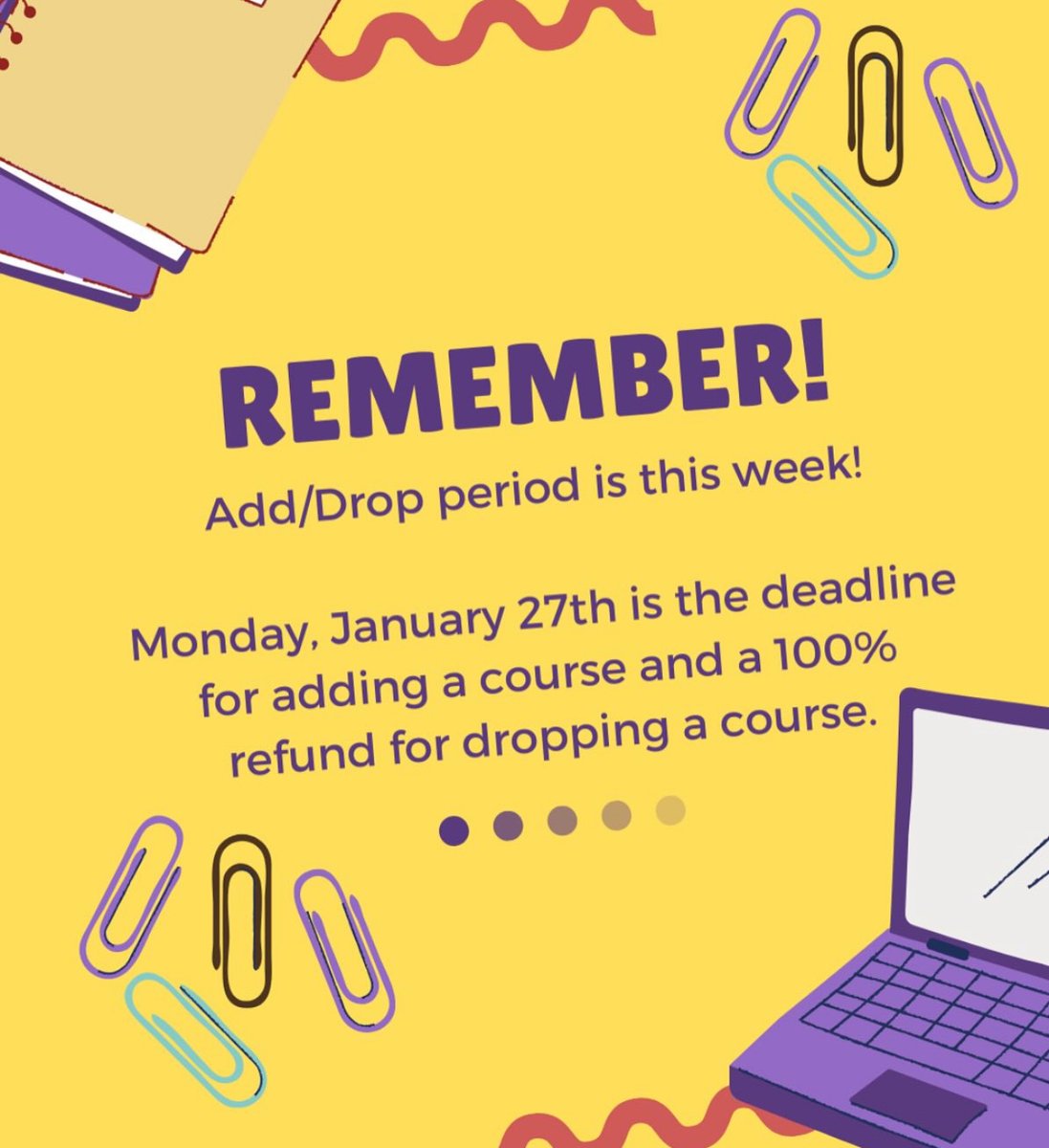 TODAY: Don’t forget, today is the last day you can add and drop classes for the 2025 Spring Semester! 

LINK: 🔗 newpaltz.edu/ugc/policies/p…

#sunynewpaltz #spring2025 #add/drop