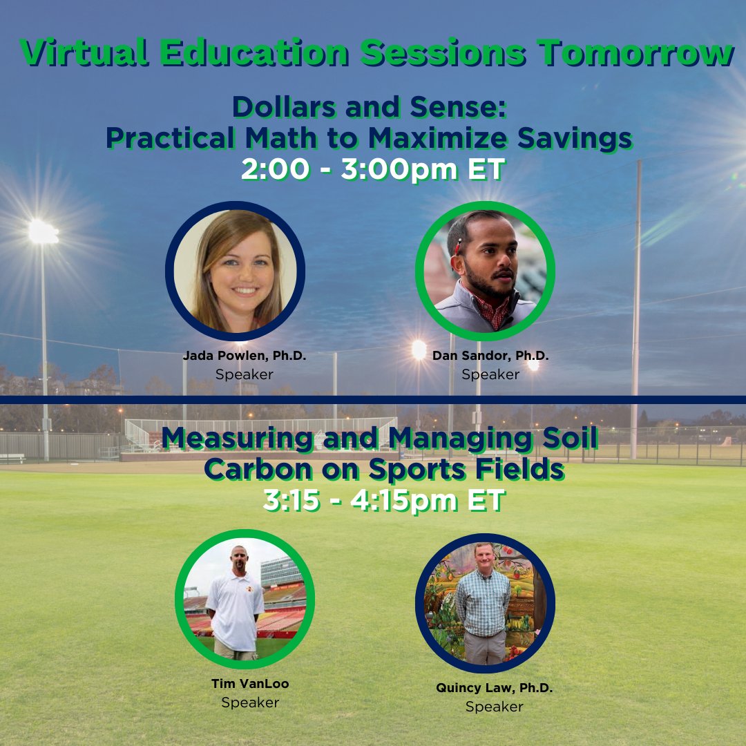 Join us tomorrow for two informative webinars!

1/28/25 2-3 pm ET
Dollars and Sense: Practical Math to Maximize Savings
Register now: shorturl.at/QcswD 

1/28/25 3:15-4:15 pm ET
Measuring and Managing Soil Carbon on Sports Fields
Register now: shorturl.at/YTouM