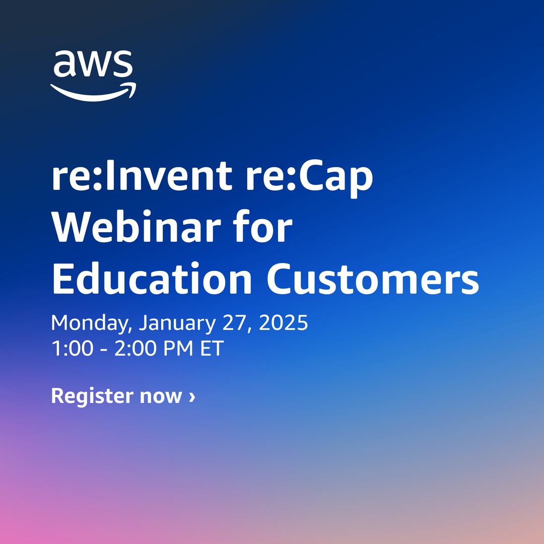 Miss our re:Invent 2024 announcements? 🤷‍♀️ Join us for a 60-minute session with AWS experts to discuss the most important announcements made at re:Invent for Education customers. 🏫 🎓 

Register now: go.aws/4hz7q8O