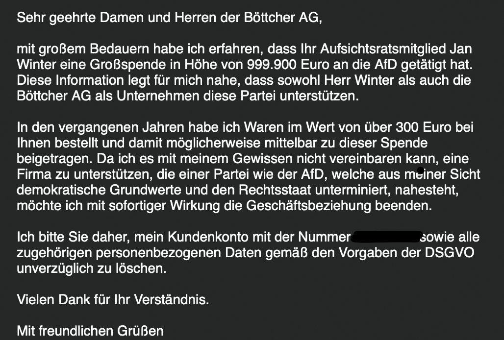 1ecke3elfer's tweet photo. Meine „Kündigung“. Ja, meine 300 Piepen mögen lächerlich klingen. Aber jeder Euro für Faschisten ist zu viel. Möglicherweise bin ich nicht der einzige.  #boettcherag #AfDVerbotSofort #Bundestagswahl https://t.co/NxM2HTKJd9