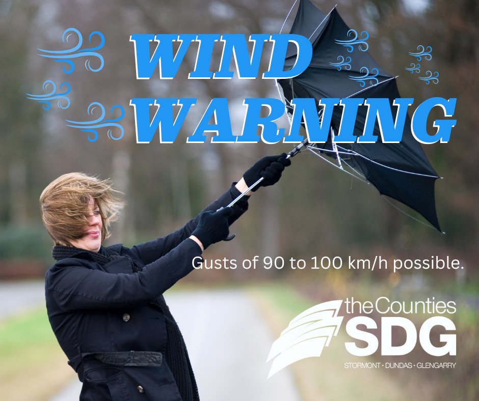 WIND WARNING: Environment Canada has issued a wind warning for our region. Beginning today, and lasting into the overnight, wind gusts of 90 to 100 km/h are possible. 

In addition, a strong cold front will move through the region tonight. Intense snow is possible.