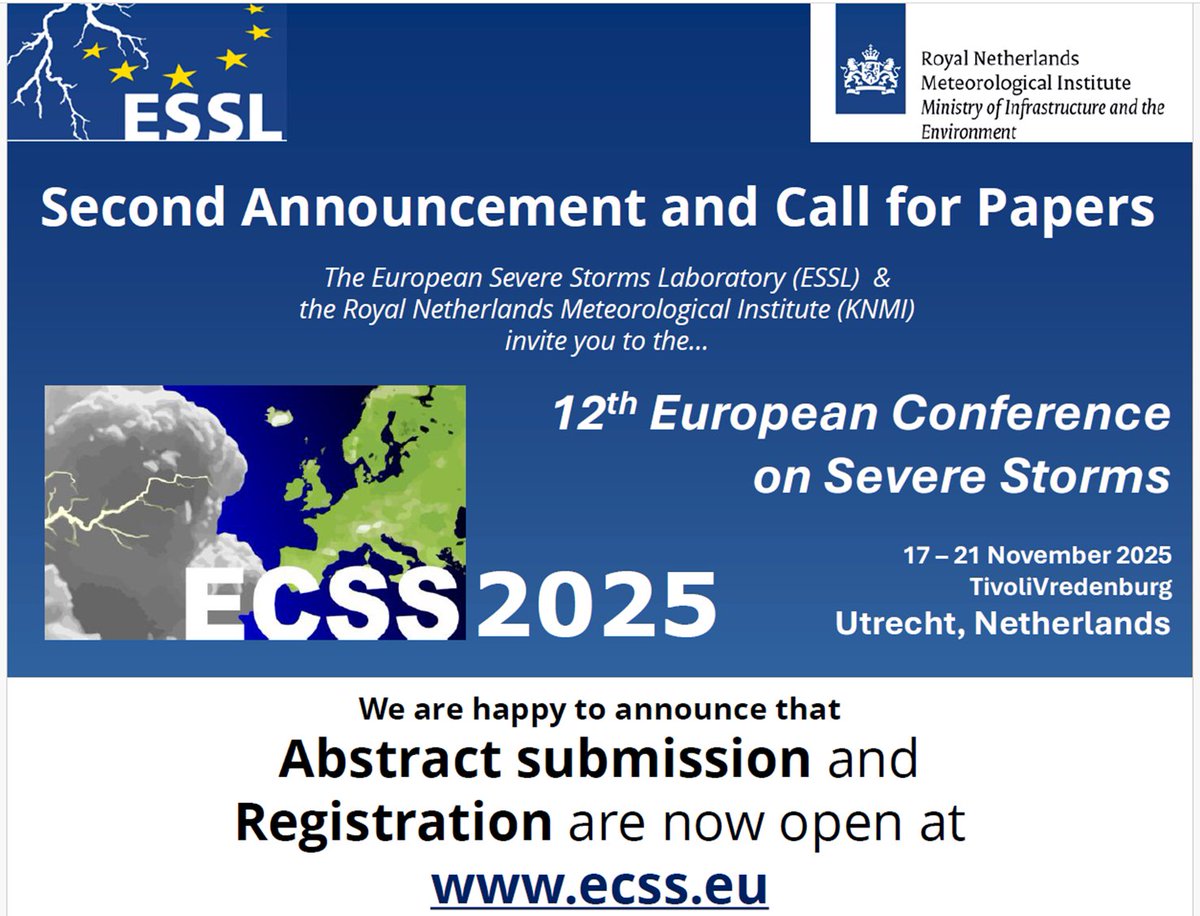 Call for Papers! The abstract submission and registration for the 12th European Conference on Severe Storms (ECSS2025) to be held in Utrecht, Netherlands, on 17 - 21 November 2025 is open. Find out more at ecss.eu