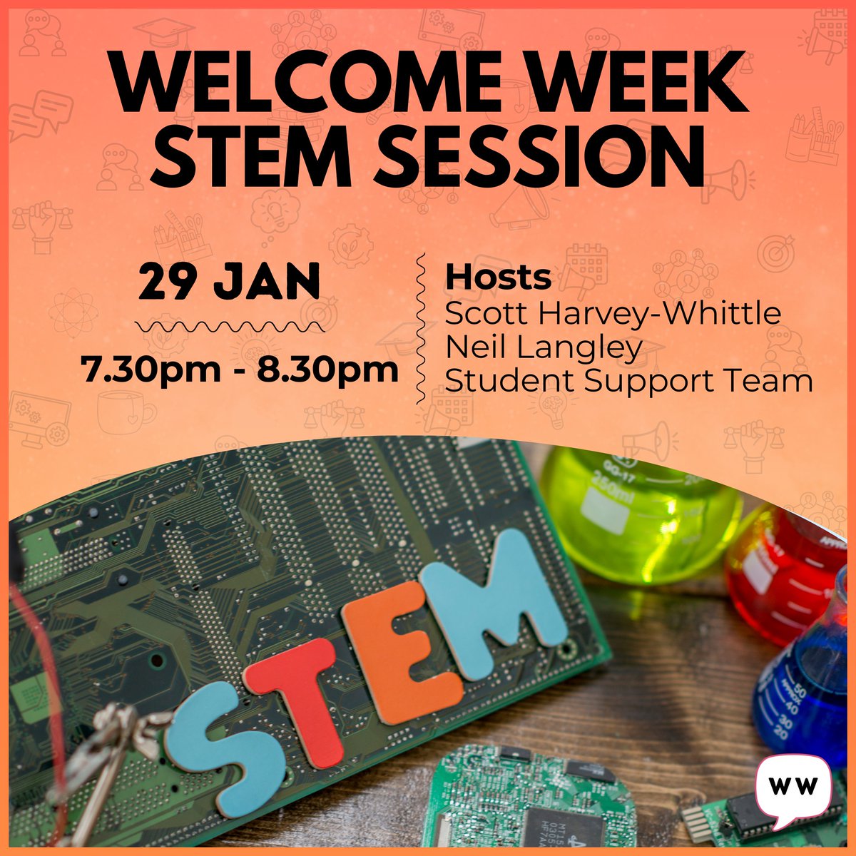 Join us for an exclusive insight into the OU STEM Faculty!

Meet fellow STEM students and hear from a Staff Tutor and a Student Support Team member, ready to answer your questions about support within STEM.

Hosted by Scott, your Faculty Rep for STEM!

oustudents.com/welcome-week/e…