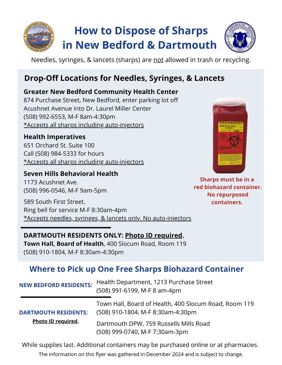 Please remember that sharps (needles, lancets etc.) don't belong in either your trash or recycling carts. This flyer has information about how to dispose of these items safely and where to pick up a free red biohazard container.