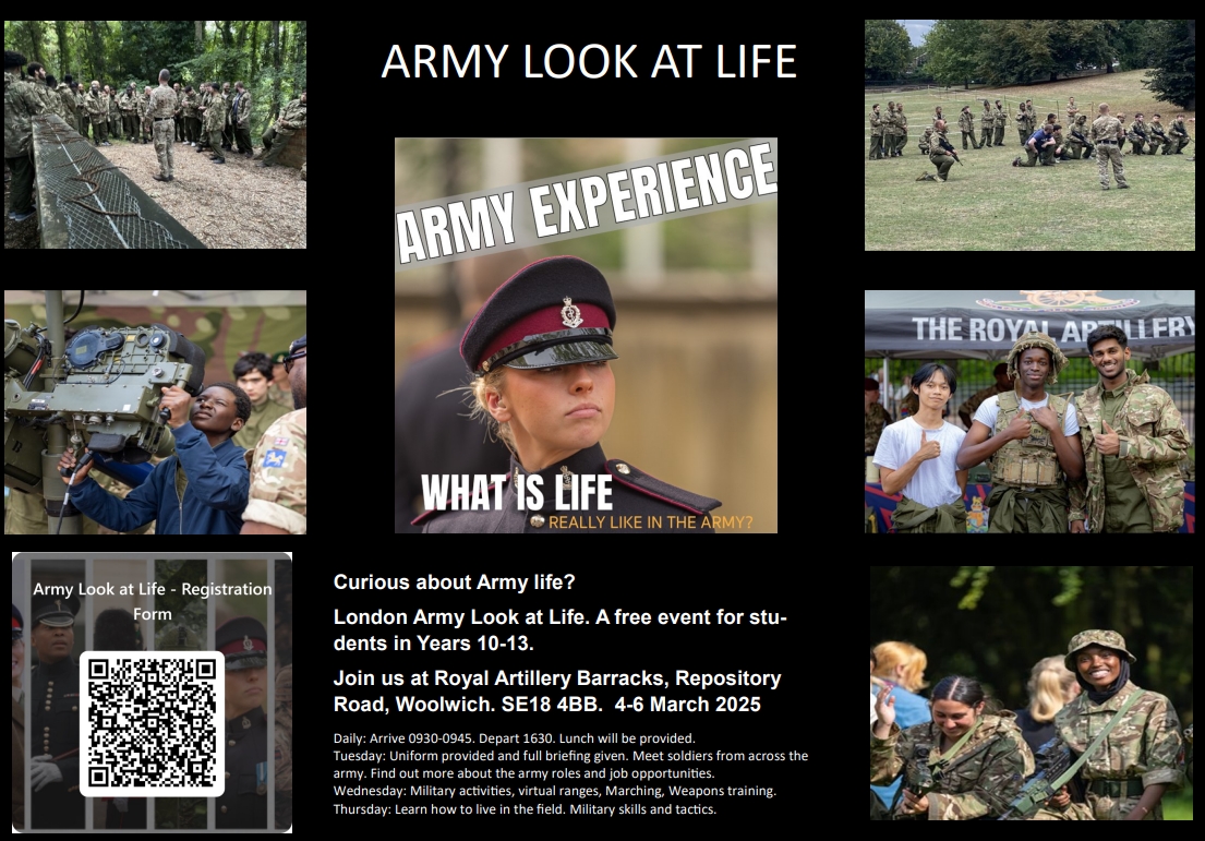 Have you ever considered a career in the British Army? 🇬🇧 

Students aged 14-17 years old have the chance to join a three-day Army "Look at Life" experience this March! 🌟 

Scan the QR code below to register your interest! 👇