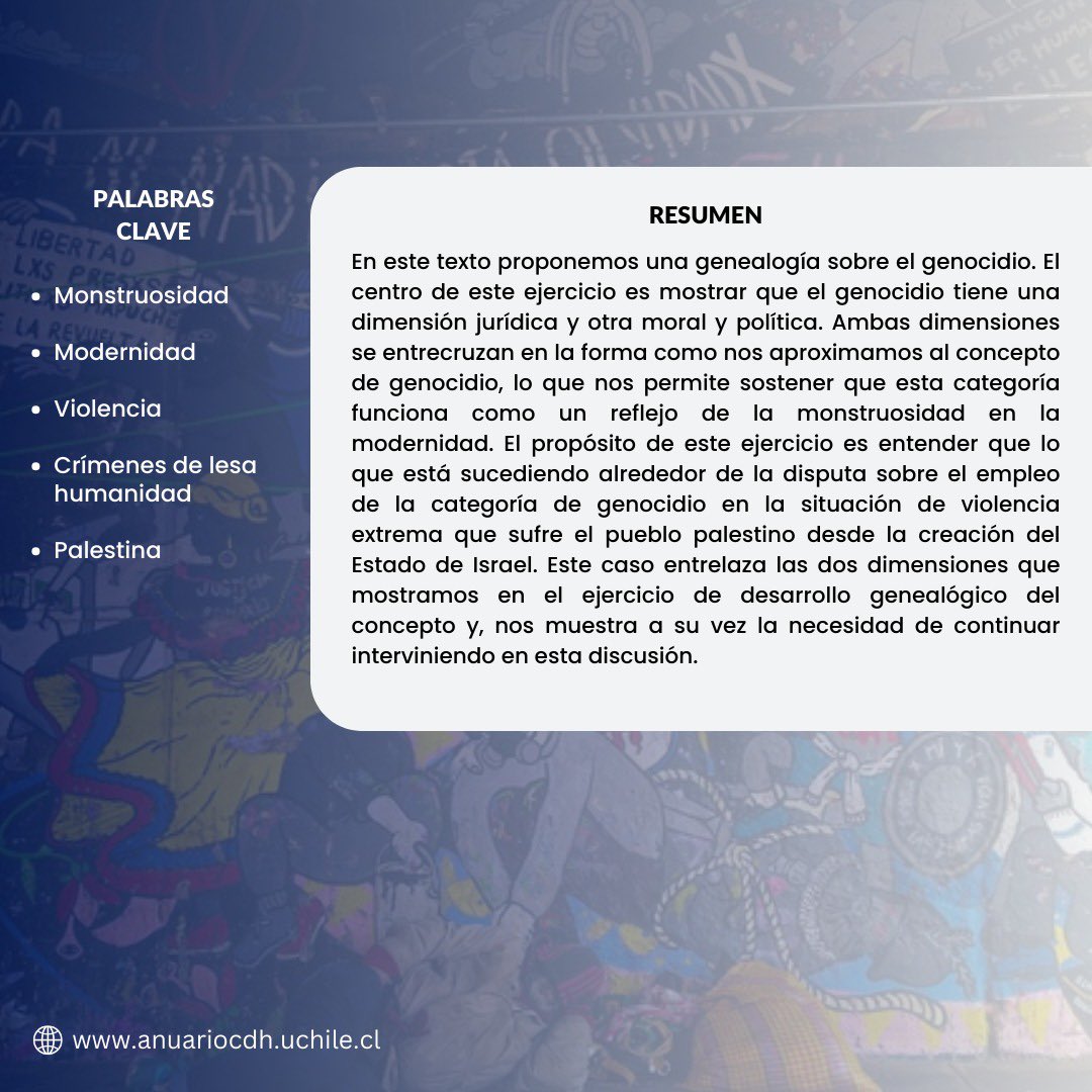 📚 Te compartimos el artículo publicado en nuestra revista:

📕Título: “Genealogía sobre el genocidio: un reflejo contemporáneo de la monstruosidad” 

📝Autor: David Fernando Cruz Gutiérrez y Nataly Macana Gutiérrez / Universidad de Los Andes