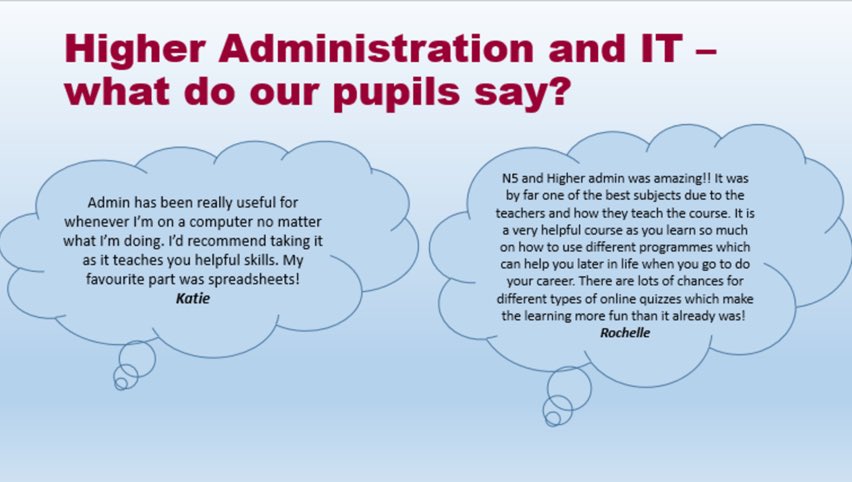 SNHSBUSED's tweet photo. Why pick Higher Admin &amp; IT? 💡 
Read below to find out! If any S4/S5 pupils have any questions before choosing your options, please pop in to the department to ask. #SeniorOptions @stninianshigh https://t.co/2cOu6Cabvi