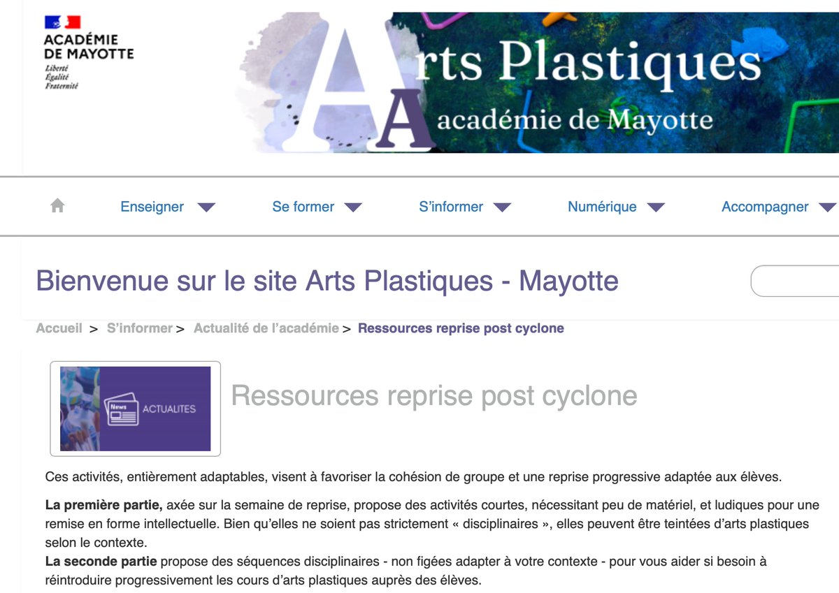 Cedric_Salin's tweet photo. Pour accompagner la reprise progressive des élèves mahorais, un document d'accompagnement est disponible sur le site des arts plastiques académique https://t.co/LPCIT697c9 @igartsplastique @IANArtsplaMYT https://t.co/C7YB0gX0Pb