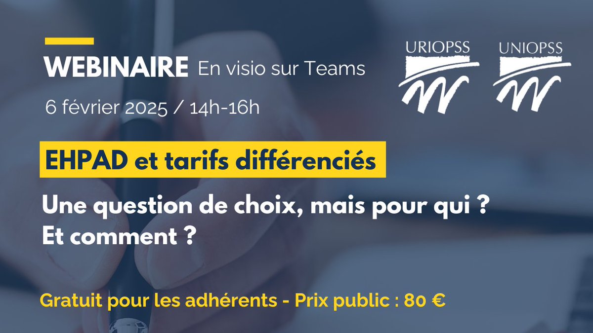 Uniopss (@uniopss) on Twitter photo 💡L'URIOPSS Ile-de-France organise un 𝗪𝗲𝗯𝗶𝗻𝗮𝗶𝗿𝗲 : 𝗘𝗛𝗣𝗔𝗗 𝗲𝘁 𝘁𝗮𝗿𝗶𝗳𝘀 𝗱𝗶𝗳𝗳𝗲́𝗿𝗲𝗻𝗰𝗶𝗲́𝘀
📅 RDV le 6 février à 14h sur Teams pour connaitre le positionnement de l’Uniopss avec son président <a href="/GoldbergDaniel/">Daniel Goldberg</a>
Lien de la réunion▶️buff.ly/4jMmx0z 💡L'URIOPSS Ile-de-France organise un 𝗪𝗲𝗯𝗶𝗻𝗮𝗶𝗿𝗲 : 𝗘𝗛𝗣𝗔𝗗 𝗲𝘁 𝘁𝗮𝗿𝗶𝗳𝘀 𝗱𝗶𝗳𝗳𝗲́𝗿𝗲𝗻𝗰𝗶𝗲́𝘀
📅 RDV le 6 février à 14h sur Teams pour connaitre le positionnement de l’Uniopss avec son président <a href="/GoldbergDaniel/">Daniel Goldberg</a>
Lien de la réunion▶️buff.ly/4jMmx0z