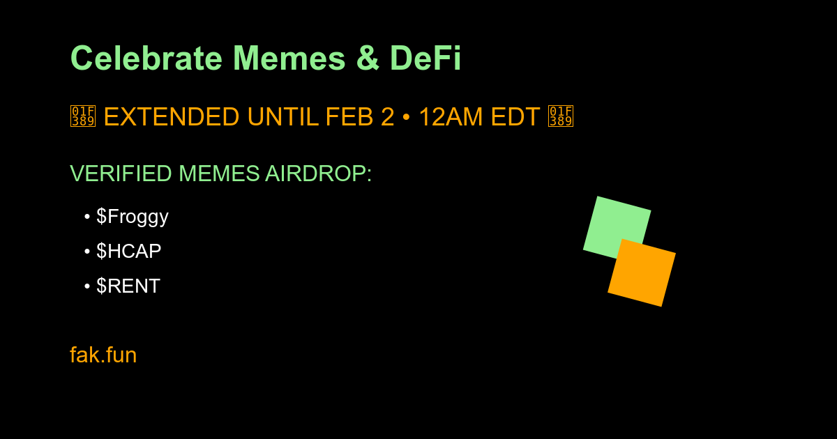 faktoryfun's tweet photo. ๐ข EXTENDED: Celebrate Memes & DeFi with Velar x Faktory! ๐
Top-100 traders by volume (until Feb 2, 12AM EDT) using "Buy Memes with Memes" share 1% of VERIFIED MEMES:
$Froggy @FroggysOrd !nfa
$HCAP @Dr_WoppieT !nfa
$RENT @ARocketRip !nfa
๐ฏ Trade at fak dot fun on @Stacks @VelarBTC @fakdotfun