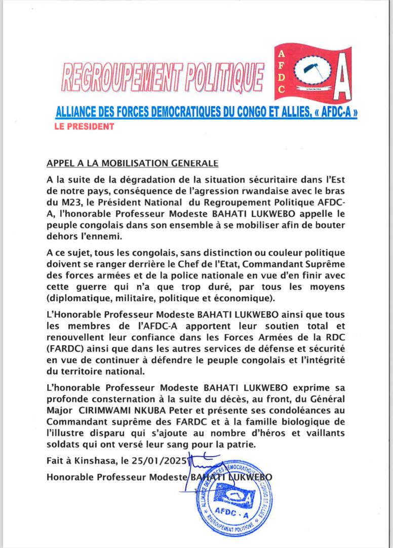 Agression Rwandaise : Le message d'appel à la Mobilisation Générale.