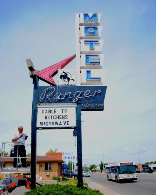 AuroraHistoryMuseum (@aurorahistoryco) on Twitter photo #MotelMonday Ranger Motel, 11220 East Colfax, Aurora, Colorado. This photo is from <a href="/SaveTheSigns/">SAVE THE SIGNS</a>
Image Description: Retro motel sign with unlit neon. Ranger Motel. Cable TV, Kitchens, microwave #MotelMonday Ranger Motel, 11220 East Colfax, Aurora, Colorado. This photo is from <a href="/SaveTheSigns/">SAVE THE SIGNS</a>
Image Description: Retro motel sign with unlit neon. Ranger Motel. Cable TV, Kitchens, microwave