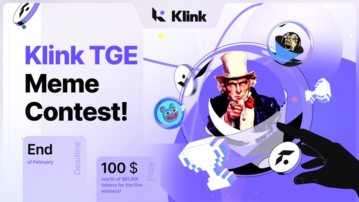 Klink Finance (@klinkfinance) on Twitter photo Klink TGE Meme Contest! ๐จ
๐ Got memes? Weโve got prizes! ๐ฐ 100$ worth of $KLINK tokens for the five winners!
๐ฅ How to Enter:
1๏ธโฃ Post your meme about Klinkโs TGE.
2๏ธโฃ Tag us and use $KLINK
3๏ธโฃ Win $20 if yours is the best!
๐๏ธ Deadline: End of February
Get creative, get Klink TGE Meme Contest! ๐จ
๐ Got memes? Weโve got prizes! ๐ฐ 100$ worth of $KLINK tokens for the five winners!
๐ฅ How to Enter:
1๏ธโฃ Post your meme about Klinkโs TGE.
2๏ธโฃ Tag us and use $KLINK
3๏ธโฃ Win $20 if yours is the best!
๐๏ธ Deadline: End of February
Get creative, get