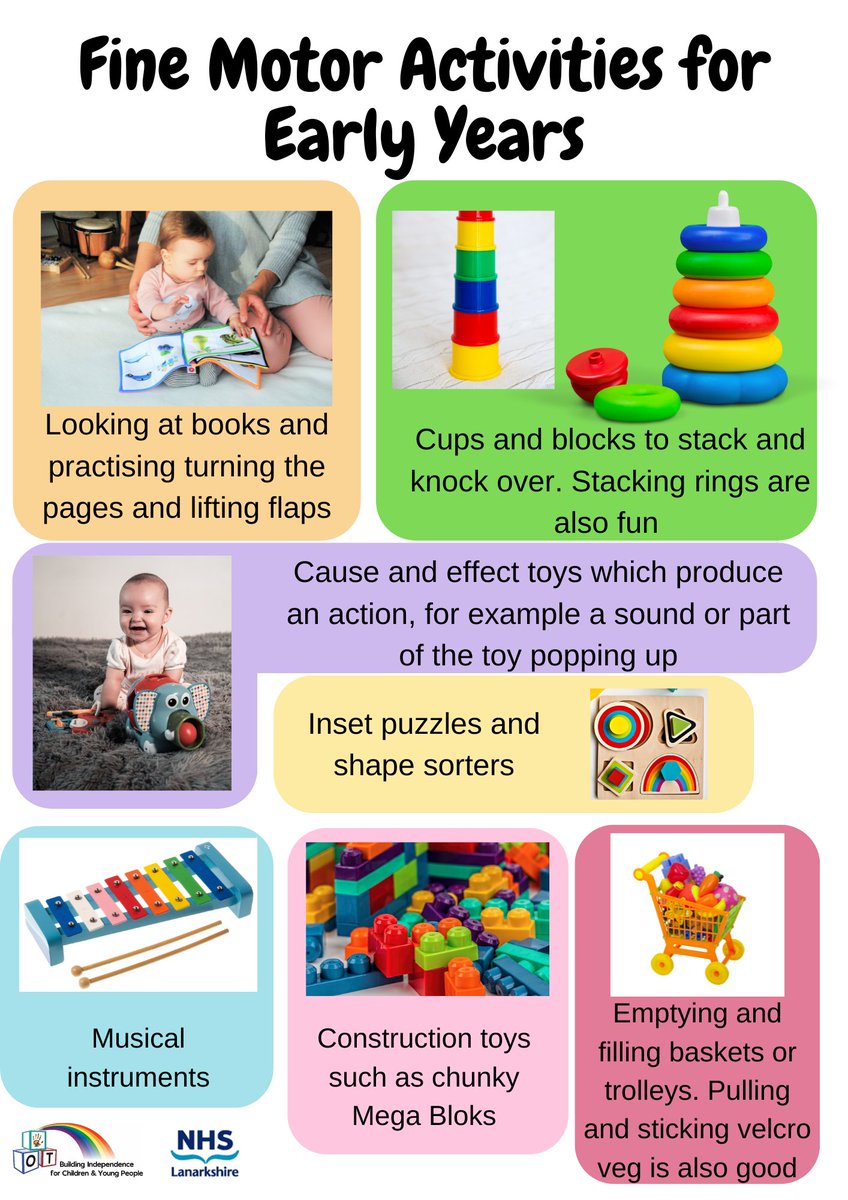 CYP Occupational Therapy (NHS Lanarkshire) (@occupationalth4) on Twitter photo On Wednesday we shared some advice for infant fine motor skills. Here are some more activity ideas for babies and toddlers, although they can also be used for children of all ages who require some extra support with play skills. On Wednesday we shared some advice for infant fine motor skills. Here are some more activity ideas for babies and toddlers, although they can also be used for children of all ages who require some extra support with play skills.