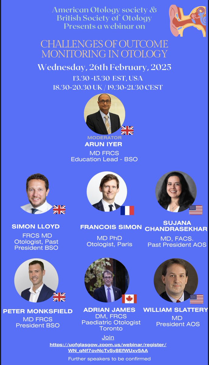 Challenges in Outcome Monitoring: A Closer Look at Otology

Presented by American Otology society &amp; British Society of Otology

Wednesday, 26th February 2025
18:30 to 20:30 UK

Register here: uofglasgow.zoom.us/webinar/regist…