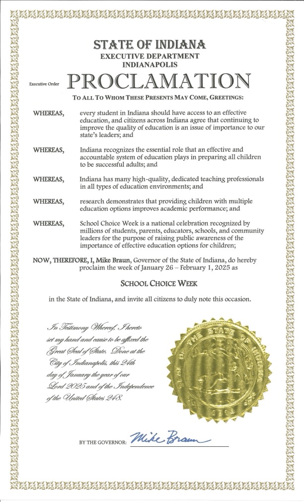 Today <a href="/GovBraun/">Governor Mike Braun</a> proclaimed the week of January 26 as School Choice Week in Indiana! Every child deserves the best education possible. Let’s make school choice universal for all Hoosiers!  @SchoolChoiceWeek #SchoolChoiceWeek