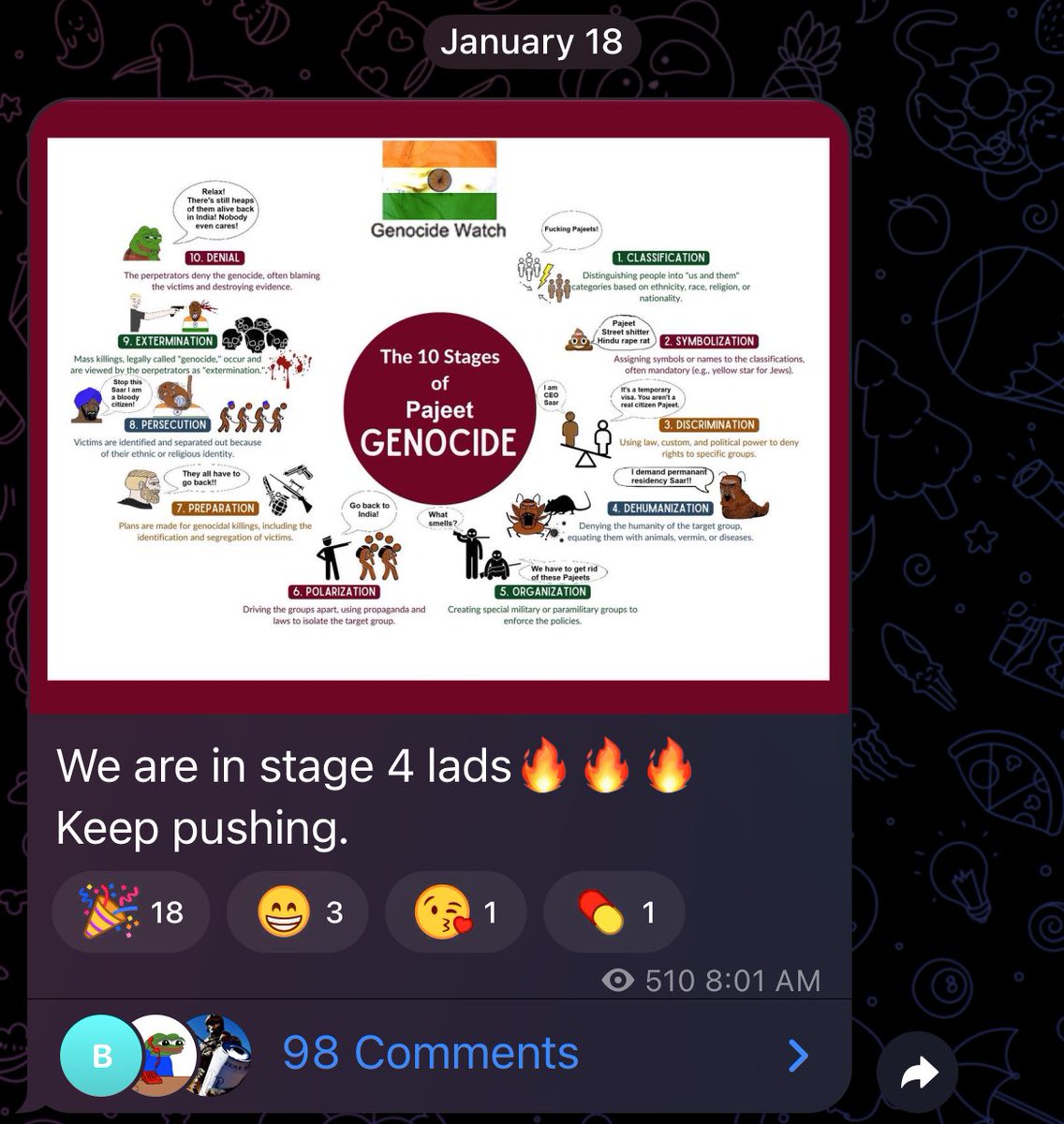 Cloudwatch199's tweet photo. Some of my followers have shared Telegram channels that appear to be coordinating hateful, targeted attacks against Indian H-1B visa holders. It seems this group, allegedly operating from Canada, Pakistan, Iran, and parts of the Middle East, uses alarming rhetoric suggesting the “genocide” of Hindus. I’ve included screenshots substantiating these grave concerns, and I’ve already contacted the FBI and other relevant authorities to ensure a thorough investigation.

Additionally, individuals who propagate anti-Indian hate under the guise of “safeguarding Americans” should recognize how such rhetoric inadvertently bolsters hostile foreign propaganda. Please stay vigilant and safe—hate speech and divisive agendas must not go unchecked.